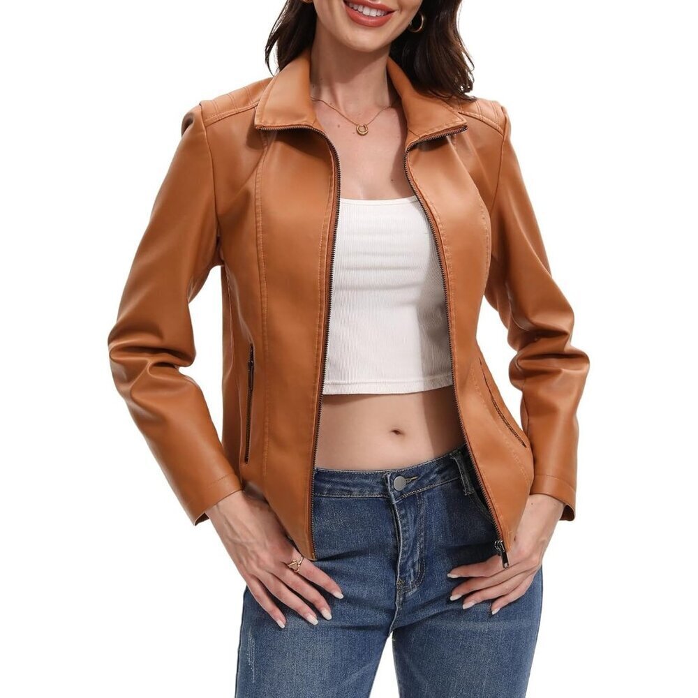 Women Brown Faux Leather Jacket Motorcycle Fashion Zip Up Trendy Going Out Coat